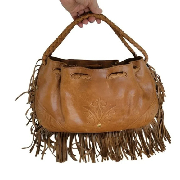 Elliot Lucca Genuine Leather Fringe Shoulder Bag Camel Color Boho Style NWT - Picture 1 of 13